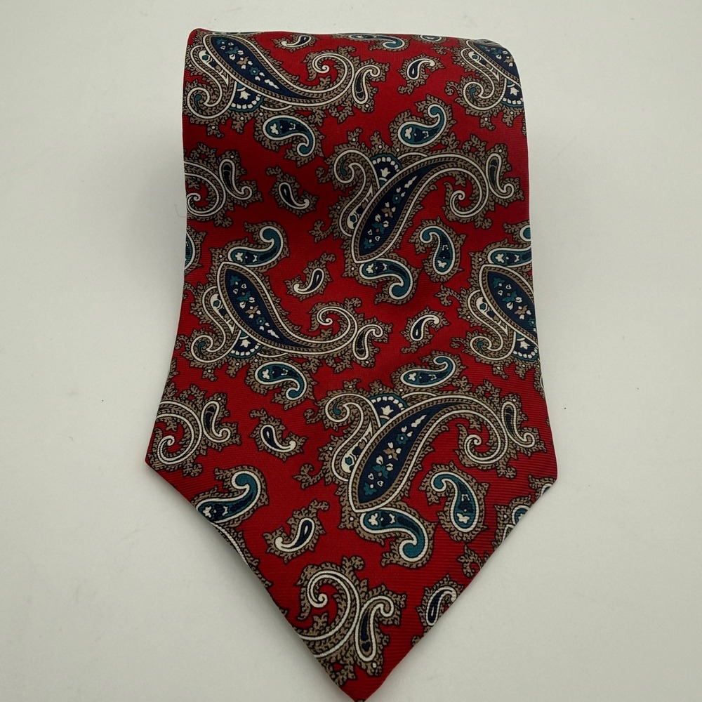 Claybrooke Mens Red Paisley Silk Tie Handmade Necktie Blue Tan Intricate Pattern